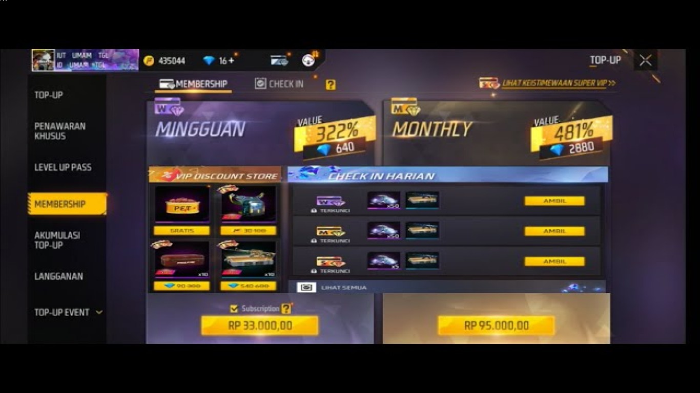 Manfaat membership bulanan Free Fire bagi player